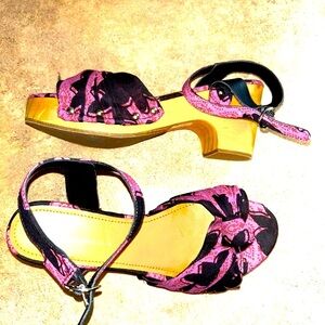 Anthropologie shoes - magenta/black print wooden heel platform sandal